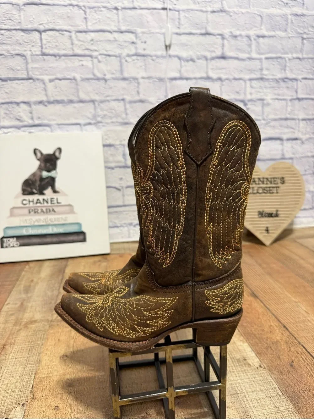 Corral teens A1029 Wing & Cross Western Brown Leather Boot Sz 4 1/2